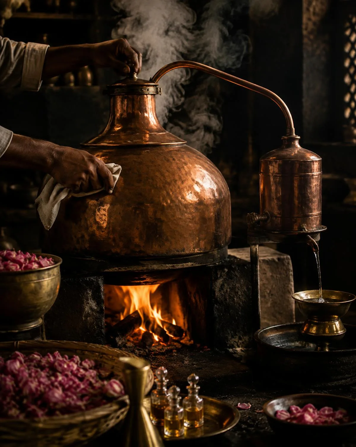 Traditional copper vessels used to distil attar over a wood fire