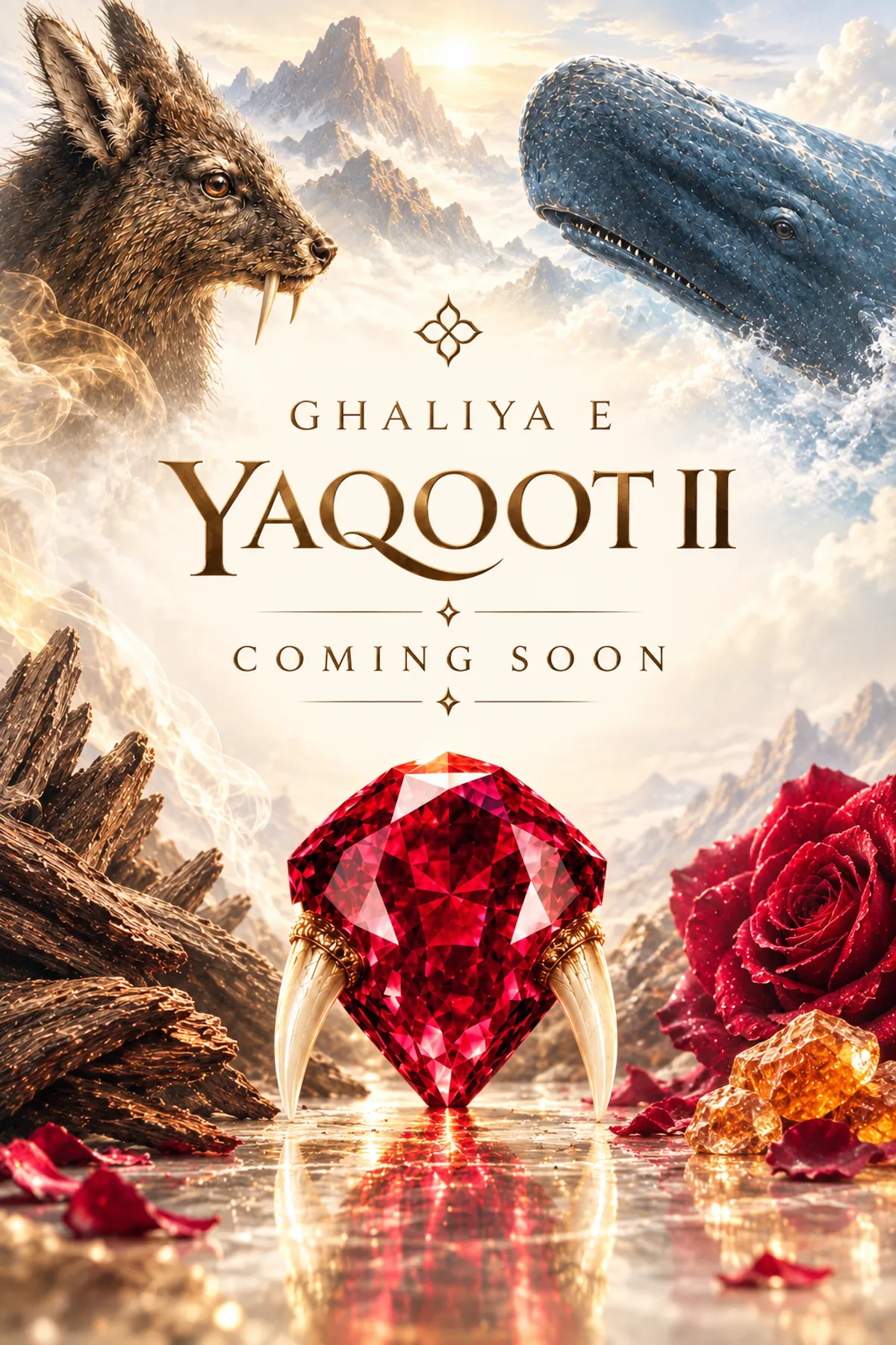 Ghaliya e Yaqoot II coming soon poster with a ruby, musk deer and agarwood
