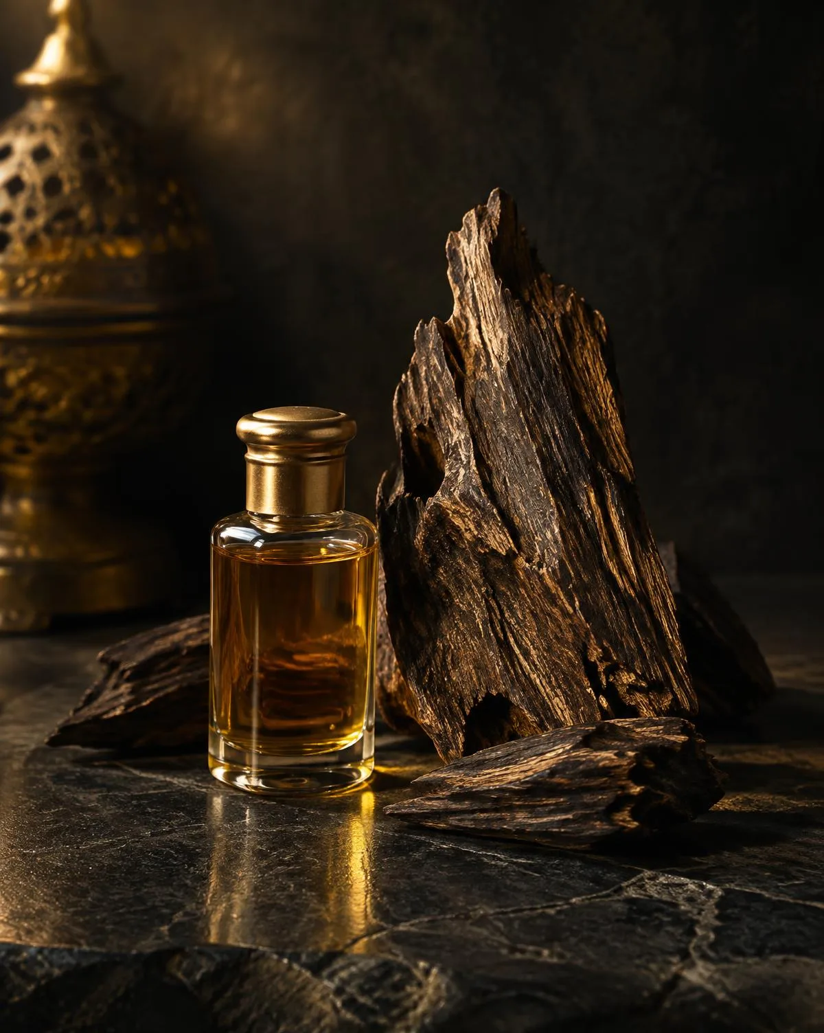 A vial of golden oud oil displayed beside dark agarwood