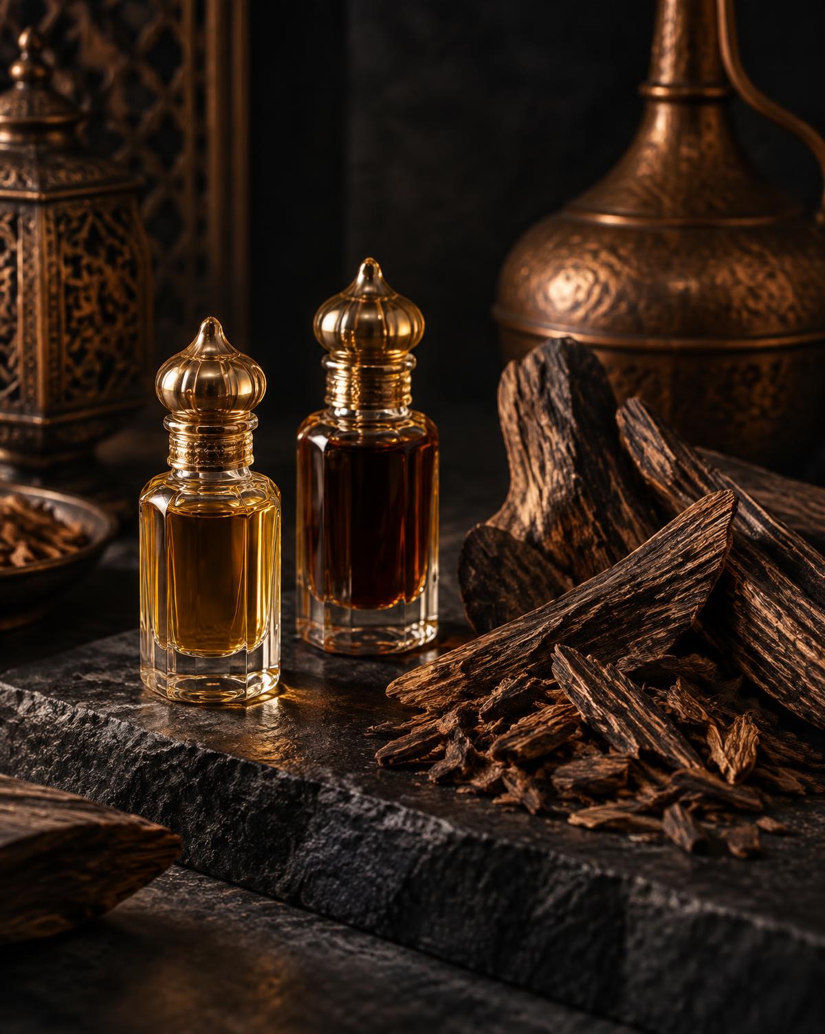 Two bottles of light and dark oud oil beside resinous agarwood chips